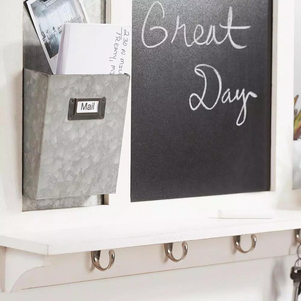 Home Decorators Collection White Wood Multi-Function Wall Organizer with Chalkboard and Hooks