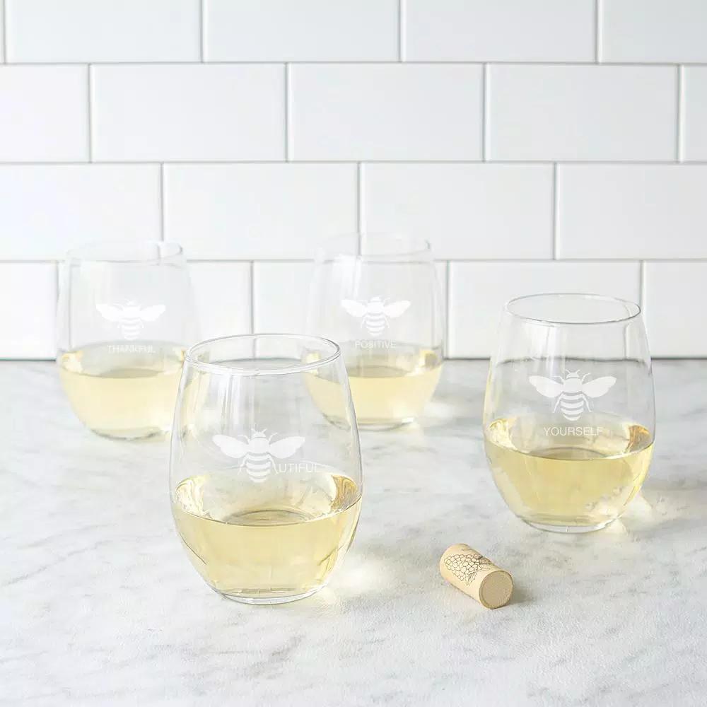 Cathy's Concepts Bee Thankful Stemless Wine Glasses, Set of 4, 21 oz. Hand-Blown Glassware