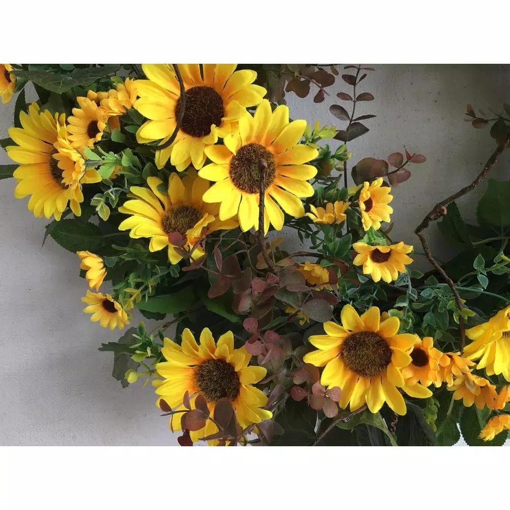 Glitzhome 24 in. Artificial Sunflower Wreath with Greenery and Grapevine Base
