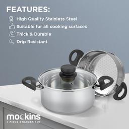 Mockins 3-Piece Stainless Steel Steamer Pot Set with 3 Qt. Saucepot and 2 Qt. Steamer Insert thumbnail 6