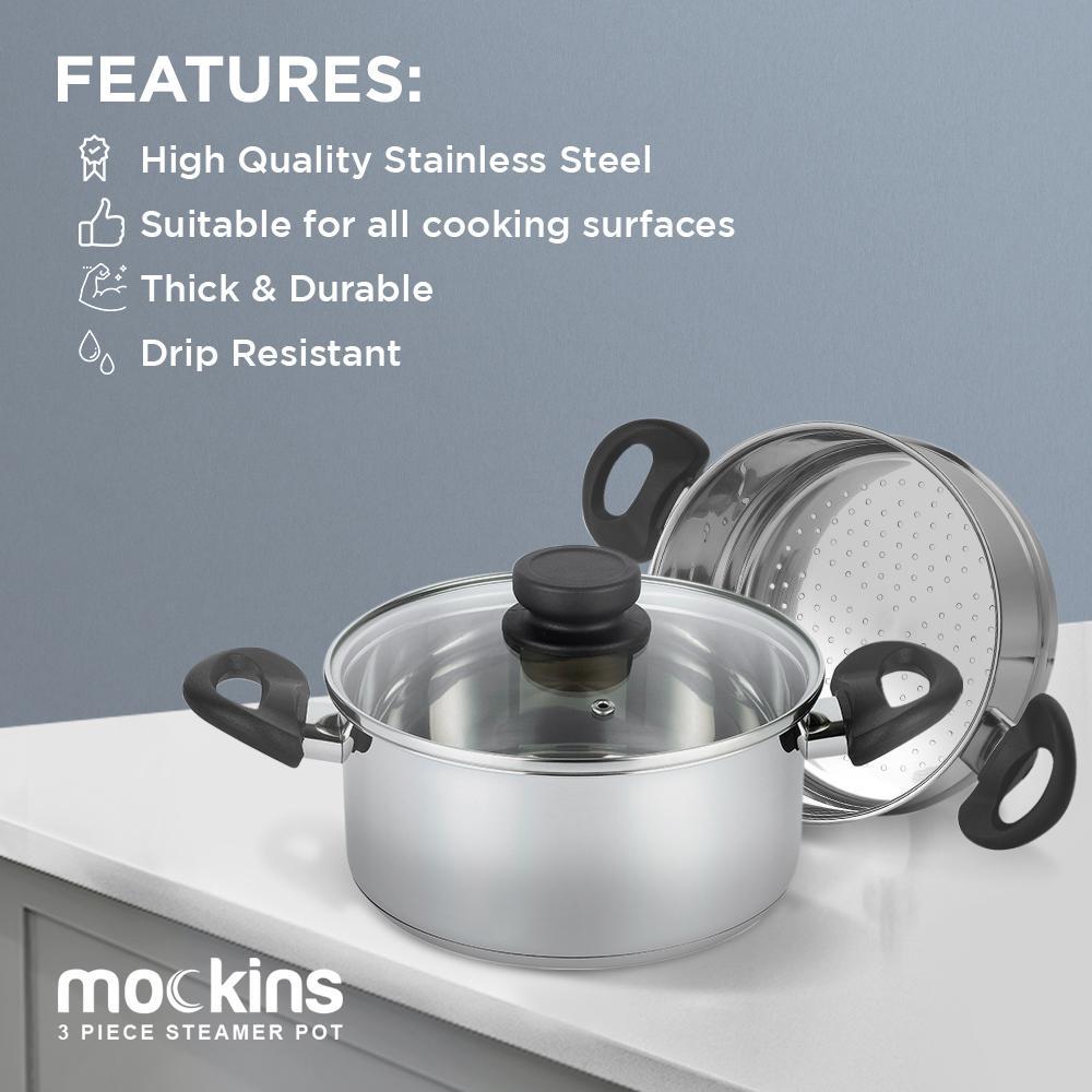 Mockins 3-Piece Stainless Steel Steamer Pot Set with 3 Qt. Saucepot and 2 Qt. Steamer Insert