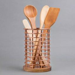 Creative Home Acacia Wood and Copper Iron Wire Utensil Tool Holder Crock thumbnail 2