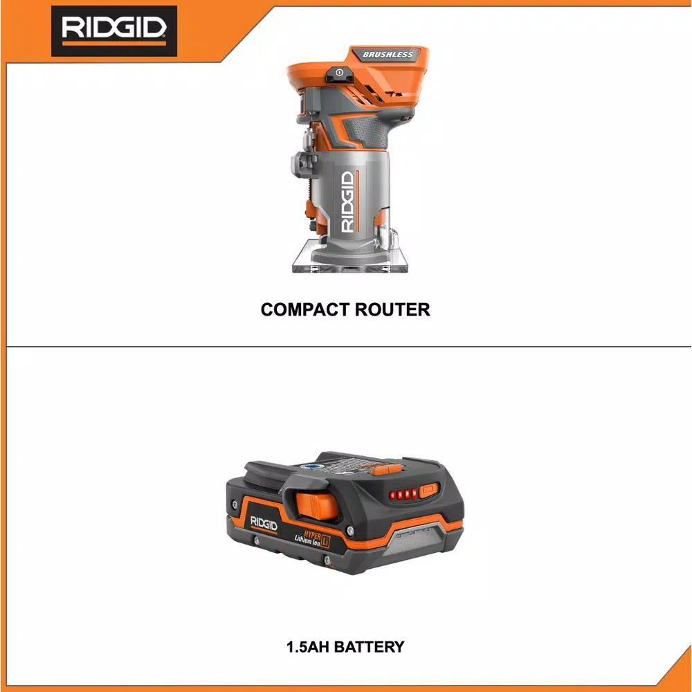 RIDGID 18V Cordless Brushless 1/4 in. Compact Router with 1.5 Ah Lithium-Ion Battery