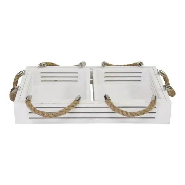 Stratton Home Decor Hampton Nesting Trays, Set of 3, White Wood with Rope and Metal Handles