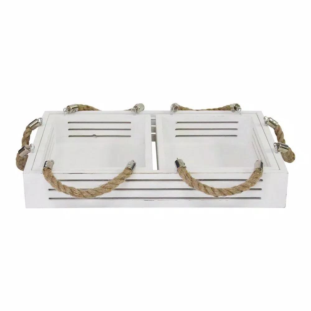 Stratton Home Decor Hampton Nesting Trays, Set of 3, White Wood with Rope and Metal Handles
