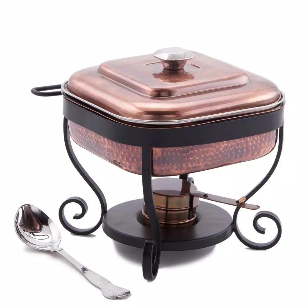 Old Dutch Hammered Antique Copper Chafing Dish with 3 Qt. Stainless Steel Pan and Serving Spoon