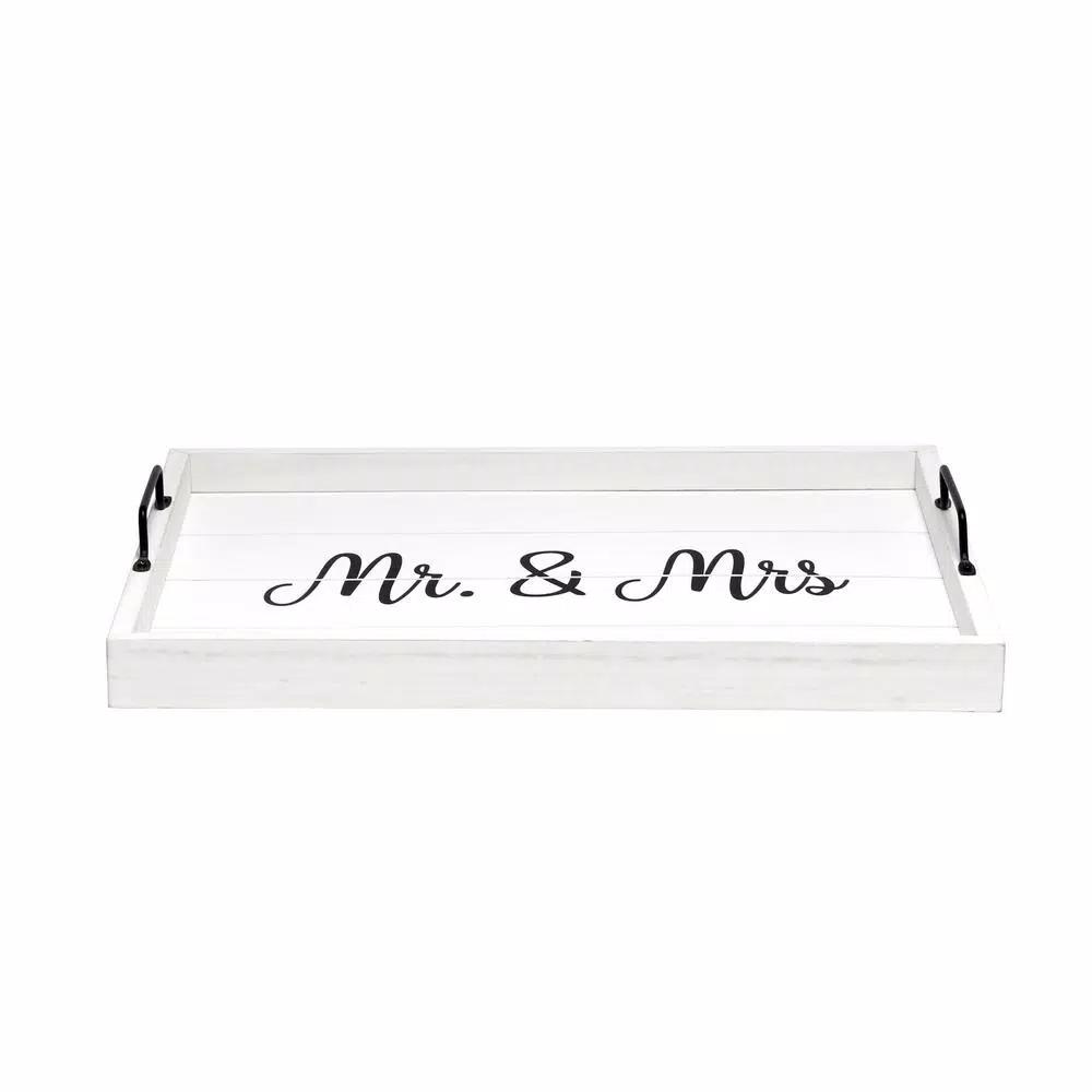 Elegant Designs White Wash Wooden Decorative Serving Tray with Black Metal Handles - Mr. and Mrs. Farmhouse Style