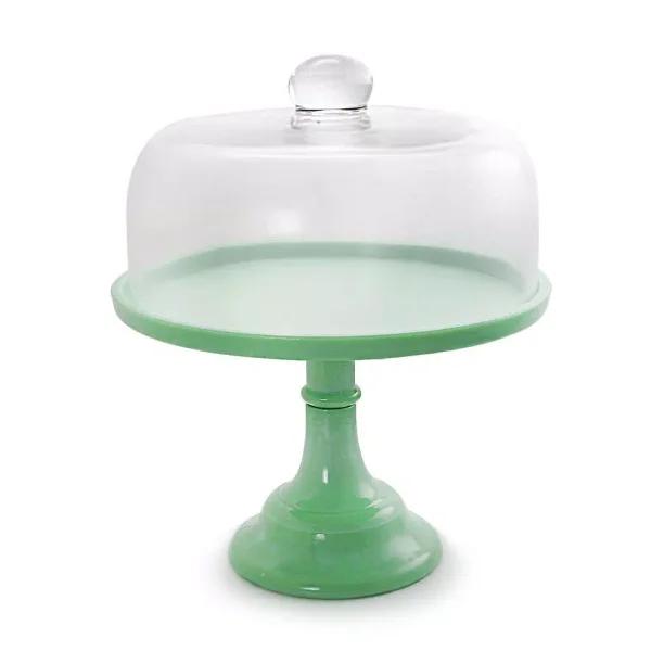 Gibson Cake Stand with Glass Lid, Light Green Round Dessert Platter