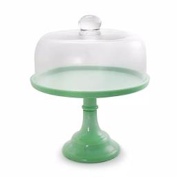 Gibson Cake Stand with Glass Lid, Light Green Round Dessert Platter thumbnail 1