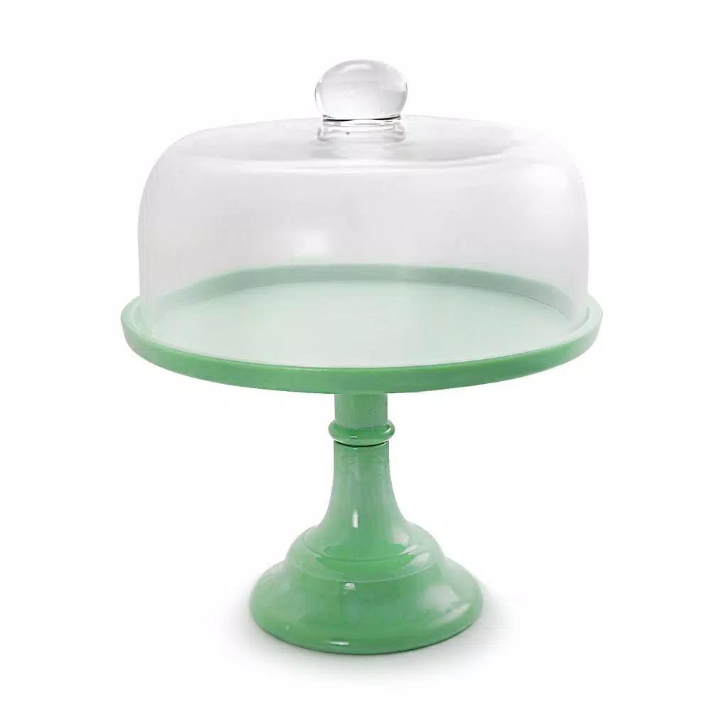 Gibson Cake Stand with Glass Lid, Light Green Round Dessert Platter