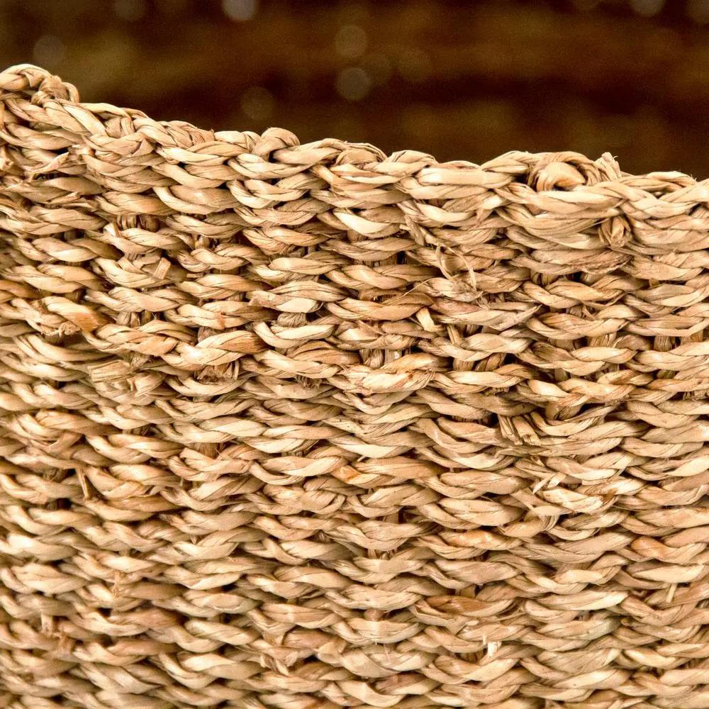 Zentique Hand Woven Seagrass and Palm Leaf Decorative Basket with Beige Stripes, Medium