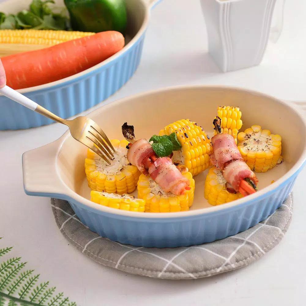 MALACASA 2-Piece Blue Oval Porcelain Bakeware Set, 12.75 in. and 14.5 in. Ceramic Baking Dishes