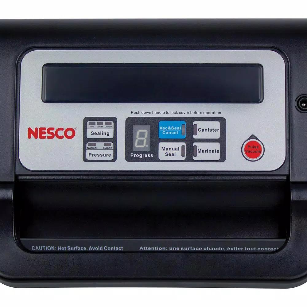 Nesco Deluxe Vacuum Sealer, 130W Double Vacuum Pump with Bag Cutter and Roll Storage, Black and Silver