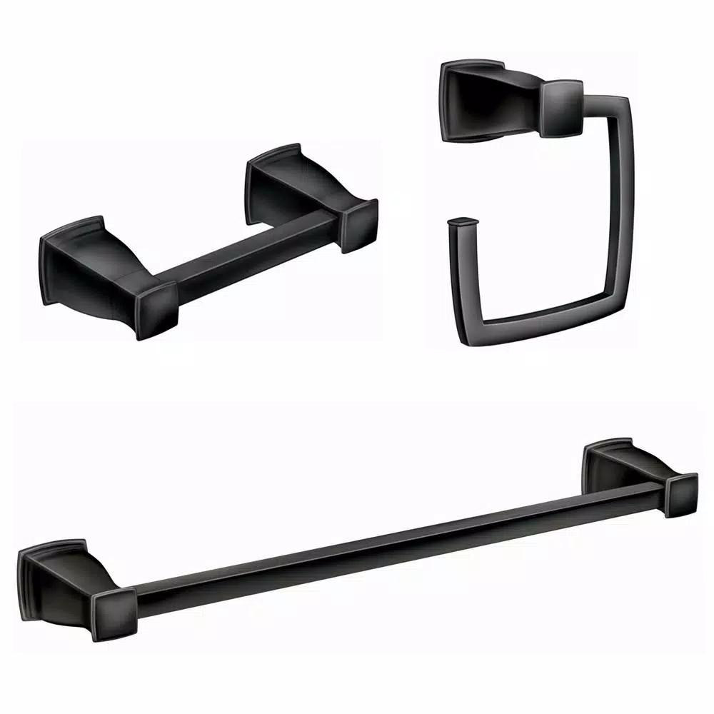 Moen Hensley 3-Piece Matte Black Bath Hardware Set with 24 in. Towel Bar, Paper Holder, and Towel Ring