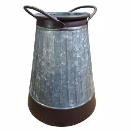 Benjara Gray and Brown Galvanized Metal Corrugated Decorative Flower Vase with Curved Side Handles thumbnail 1