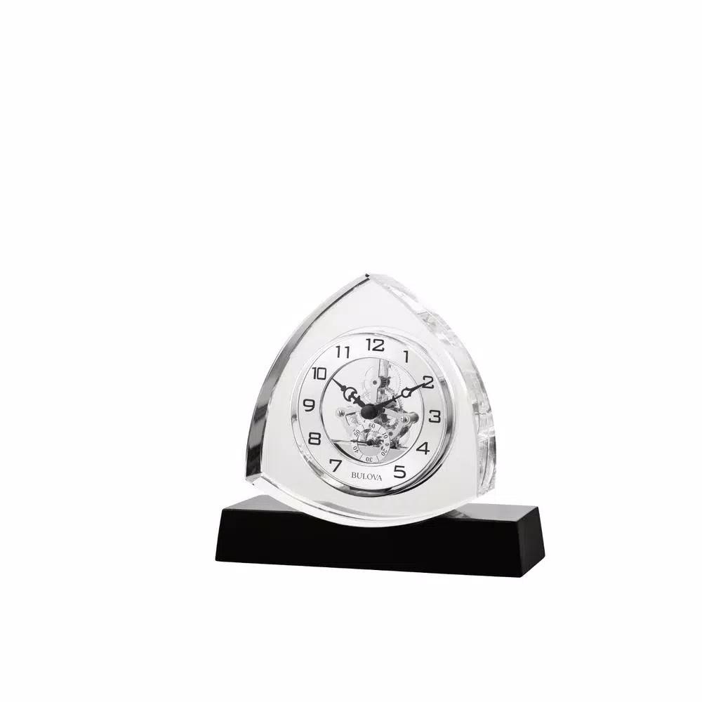 Bulova Trident K-9 Crystal Table Clock with Ebony Gloss Hardwood Base and Polished Chrome Skeleton Movement