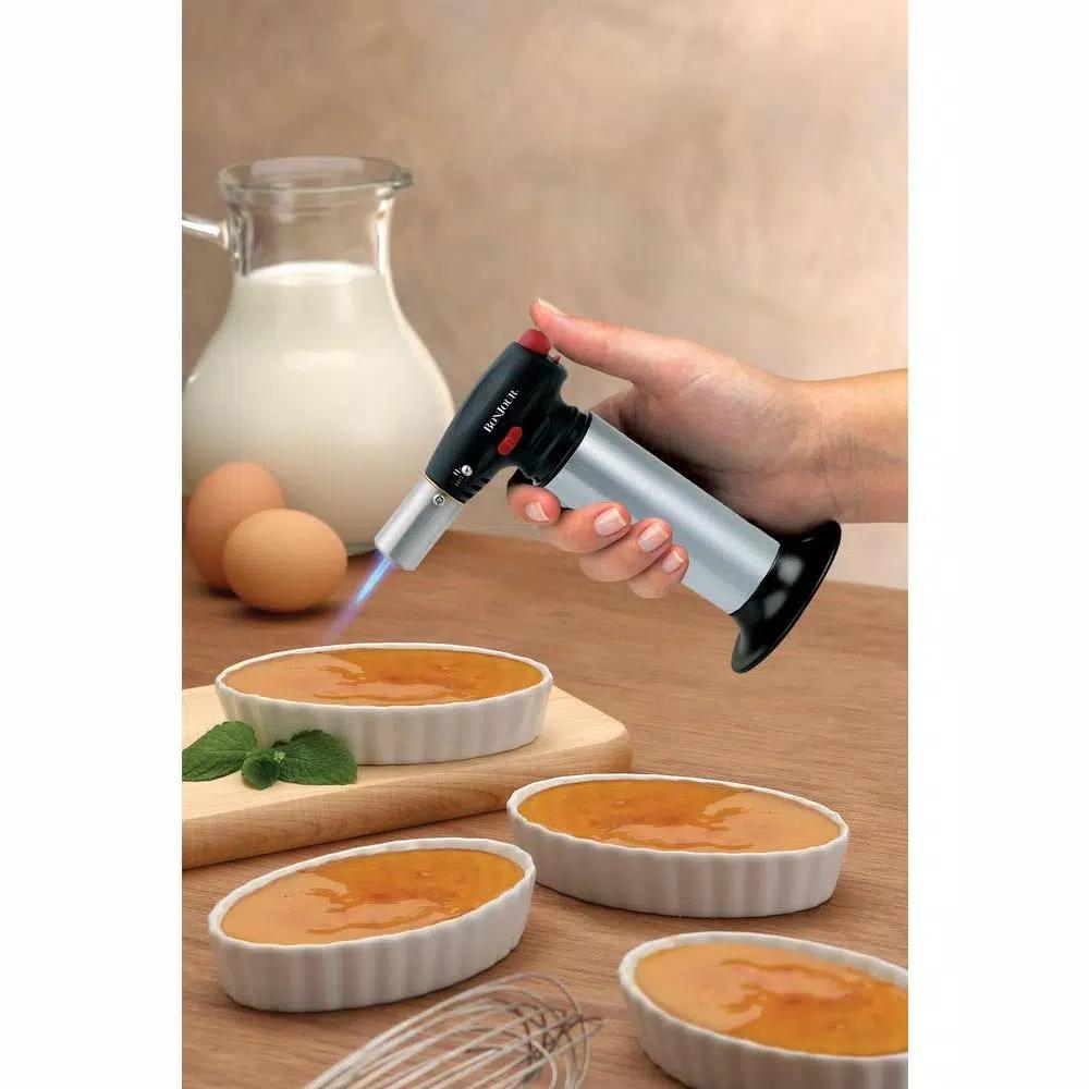 BonJour Creme Brulee Torch and Ramekin Set - 5 Piece Ceramic Oval Dish Set with Stainless Steel Torch