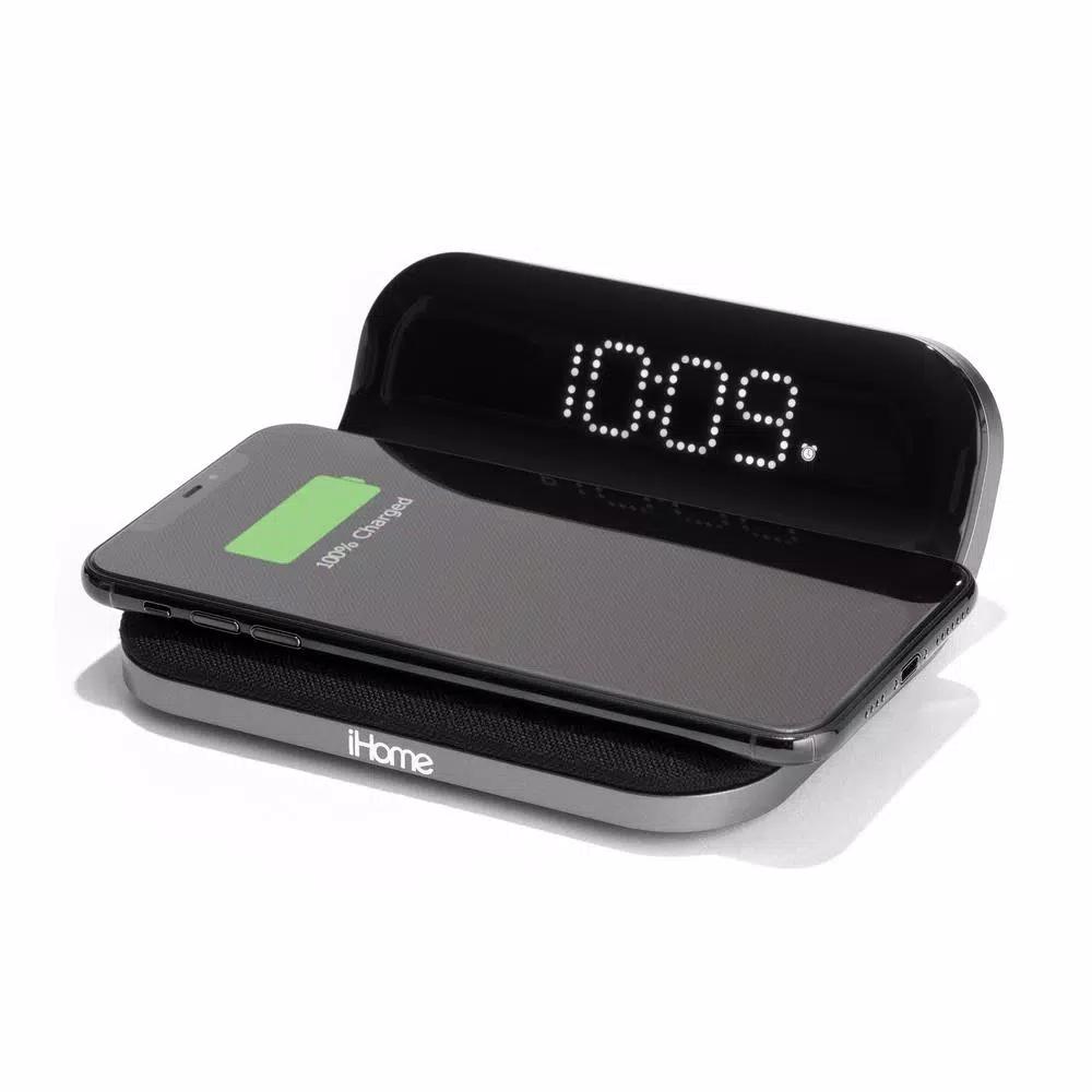 iHome Sleek Digital Alarm Clock with Qi Wireless Charging and USB Port, Designer Fabric Finish