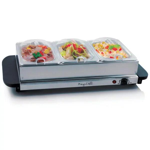 MegaChef 1.5L Stainless Steel Electric Buffet Server and Warming Tray with 3 Removable Crocks