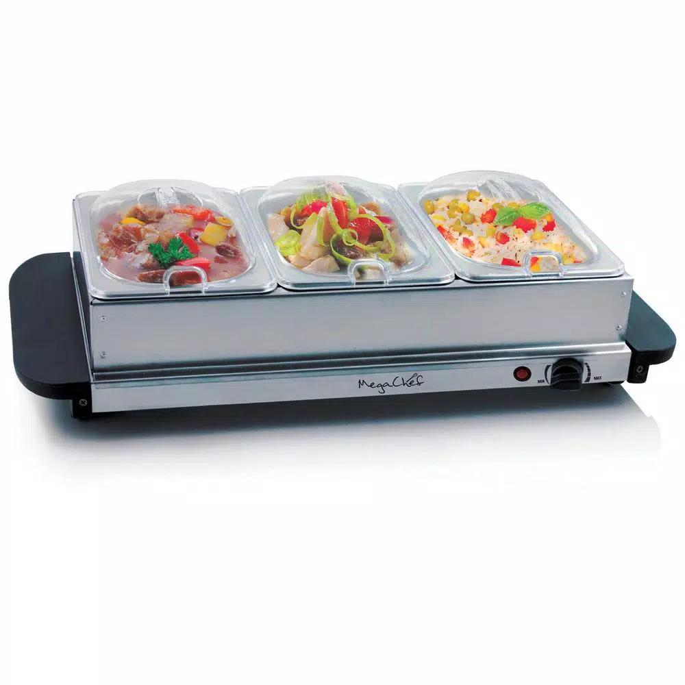 MegaChef 1.5L Stainless Steel Electric Buffet Server and Warming Tray with 3 Removable Crocks