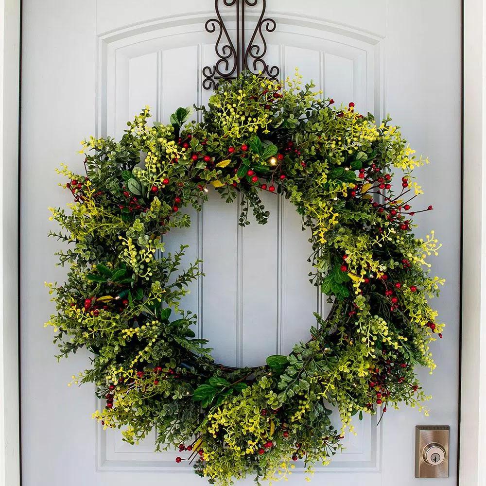 Village Lighting Company 30 in. Pre-Lit LED Boxwood and Berry Christmas Wreath with Remote and Timer