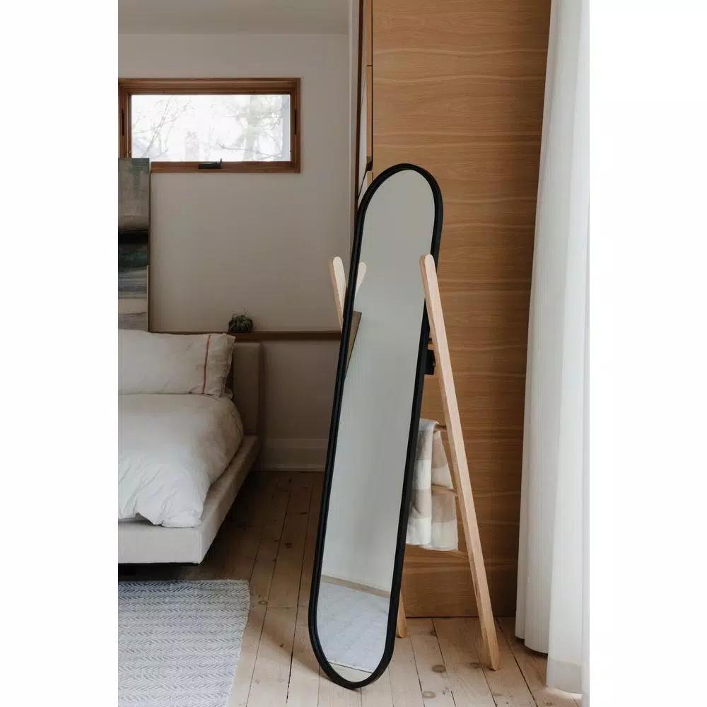 Umbra Modern Black Leaning Floor Mirror with Solid Wood Easel Storage Rack