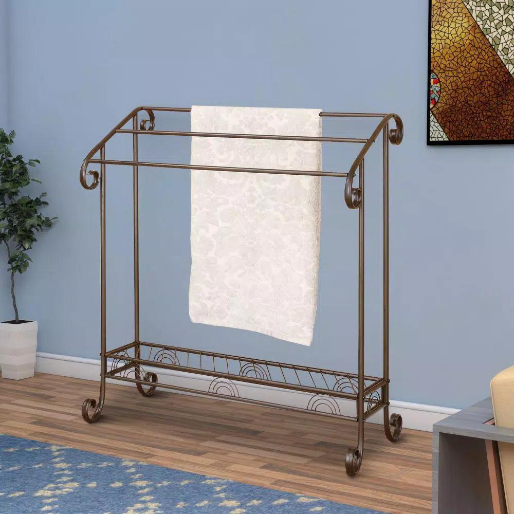 Benjara Modern Freestanding Metal Towel Rack with 3 Chrome Bars - Dark Bronze