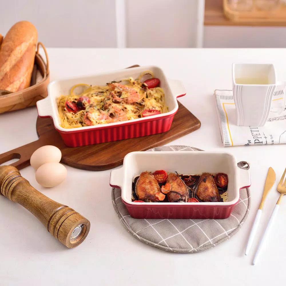 MALACASA 2-Piece Red Porcelain Rectangle Bakeware Set, 12 in. and 13 in. Ceramic Baking Dishes
