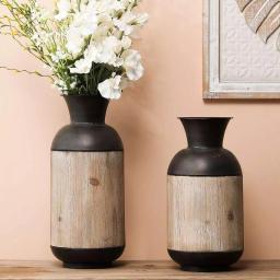 Winsome House 2-Piece Handcrafted Iron and Wood Vase Set, Rustic Dark Brown and Natural Wood Table Vases thumbnail 6