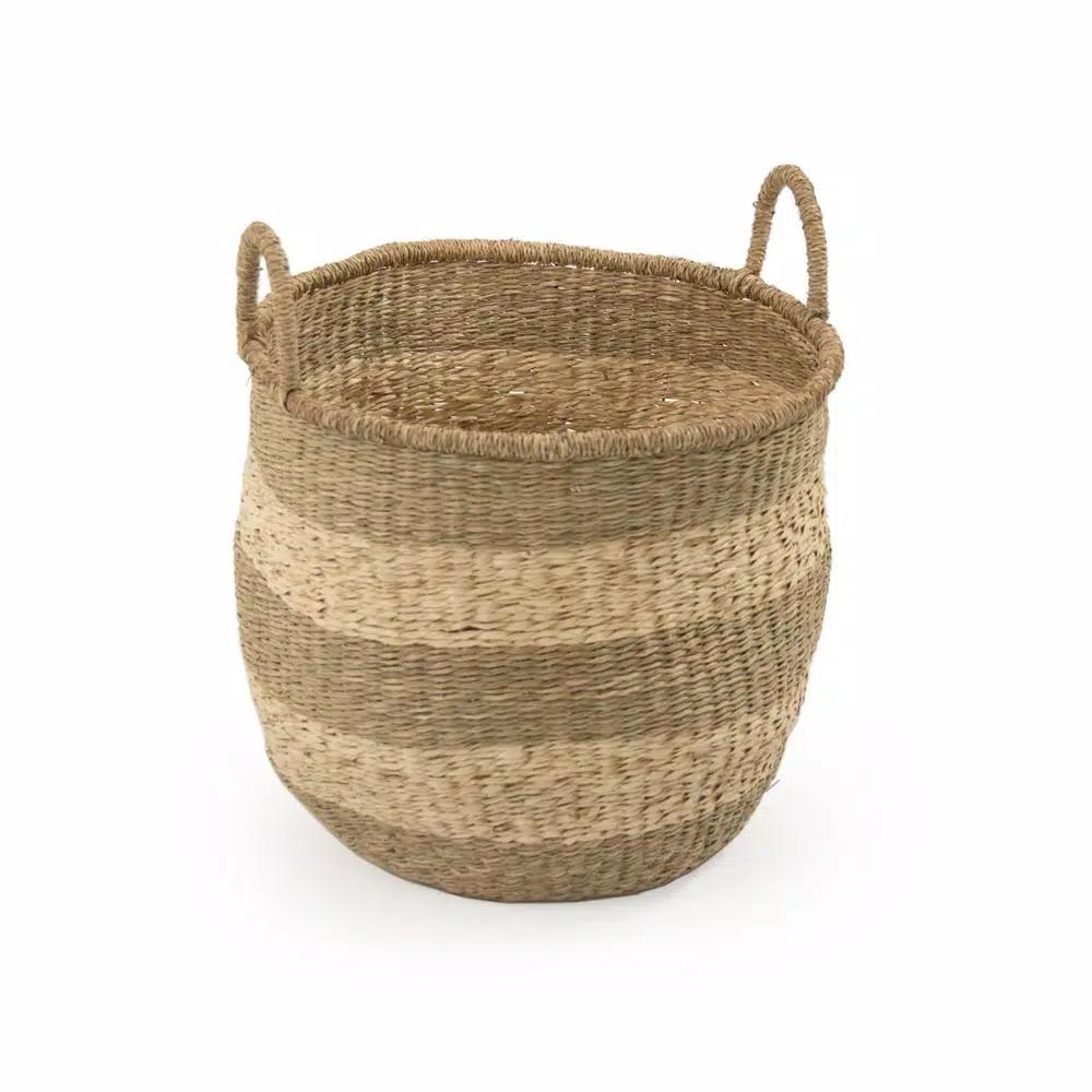 Zentique Hand Woven Seagrass and Palm Leaf Striped Medium Basket with Handles