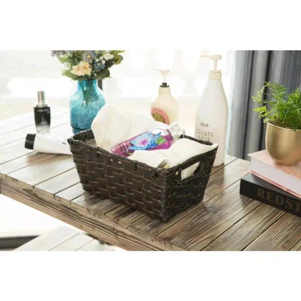 Vintiquewise Black Plastic Wicker Shelf Basket Organizer with Handles