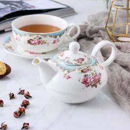 MALACASA Elegant Porcelain Tea Set for One - 3 Piece Teapot, Teacup and Saucer Set, White with Pattern thumbnail 2