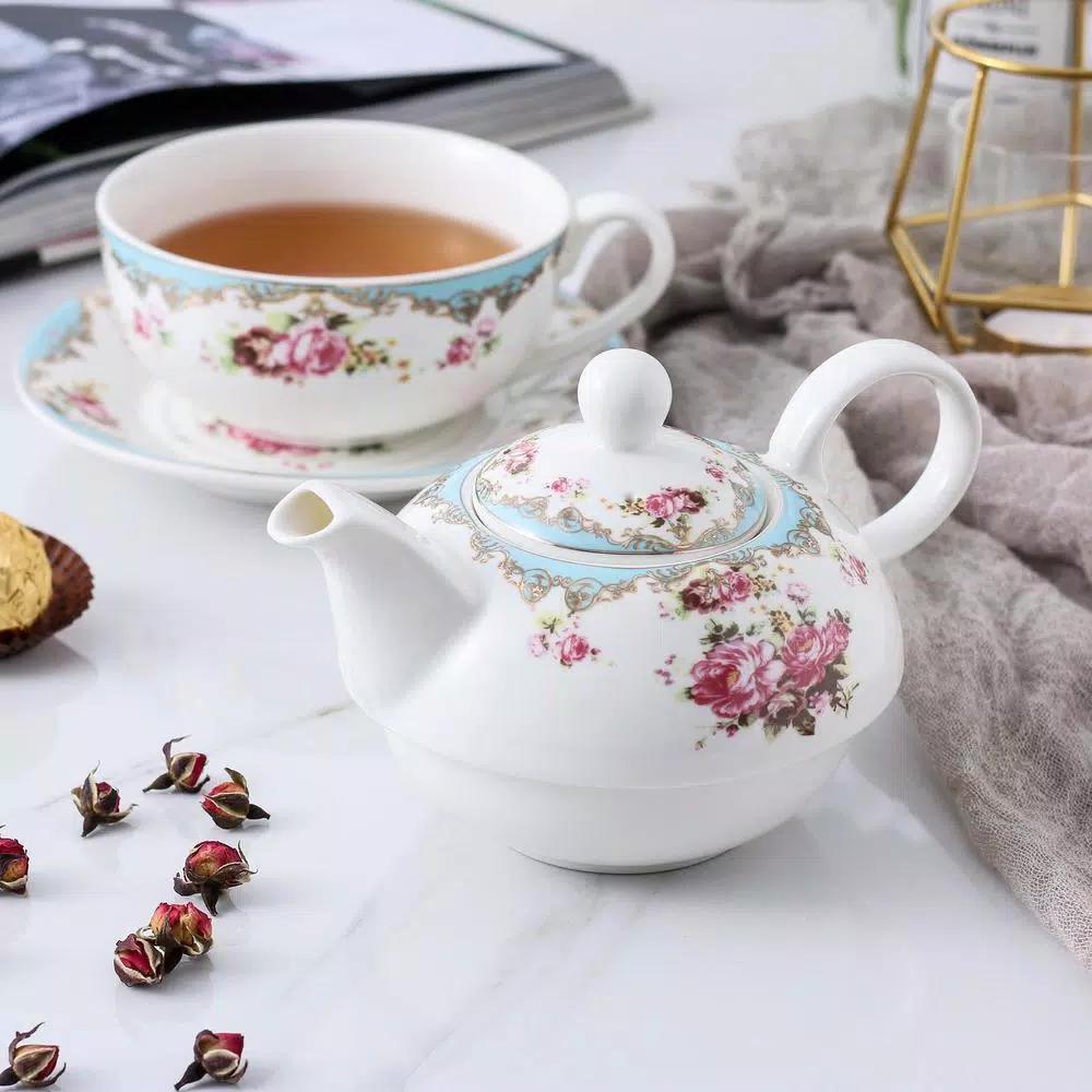MALACASA Elegant Porcelain Tea Set for One - 3 Piece Teapot, Teacup and Saucer Set, White with Pattern