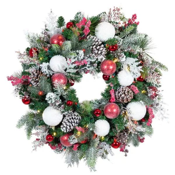 Village Lighting Company 30 in. Frosted Wonderland Pre-Lit LED Christmas Wreath - Red and White Candycane Design