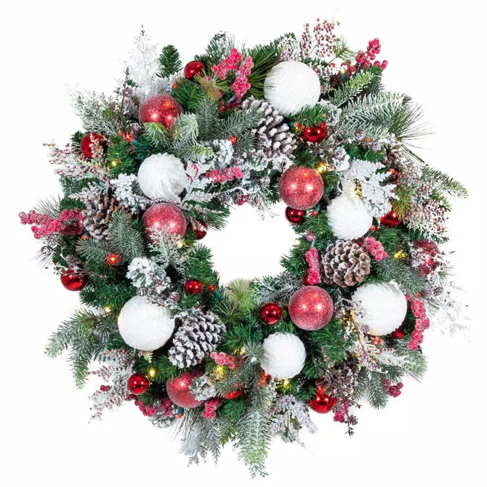 Village Lighting Company 30 in. Frosted Wonderland Pre-Lit LED Christmas Wreath - Red and White Candycane Design
