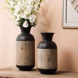 Winsome House 2-Piece Handcrafted Iron and Wood Vase Set, Rustic Dark Brown and Natural Wood Table Vases thumbnail 7