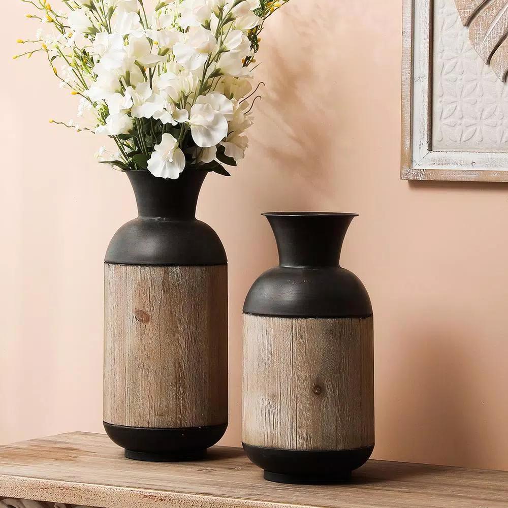 Winsome House 2-Piece Handcrafted Iron and Wood Vase Set, Rustic Dark Brown and Natural Wood Table Vases