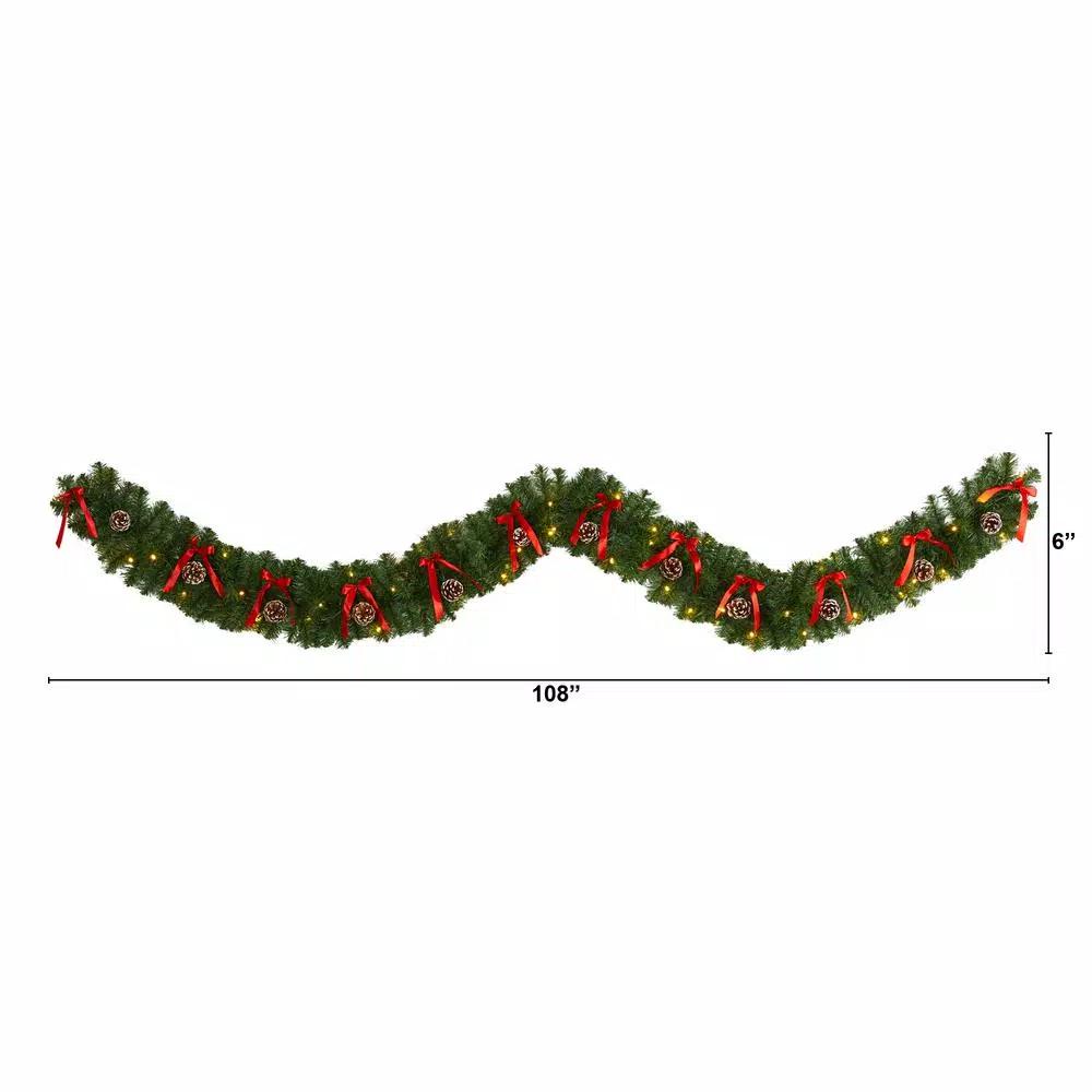 Nearly Natural 9 ft. Pre-lit Artificial Christmas Garland with Bows, Pinecones & 35 LED Lights