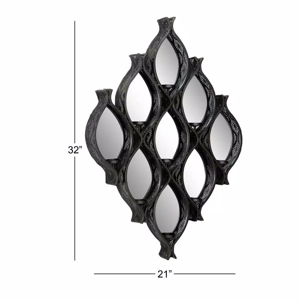 LITTON LANE Eclectic Large Black Diamond Mesh Metal Wall Sconce with Mirror Inlays