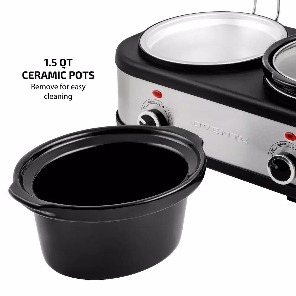OVENTE 3-Station Slow Cooker and Buffet Server, 4.5 Qt. Silver Stainless Steel