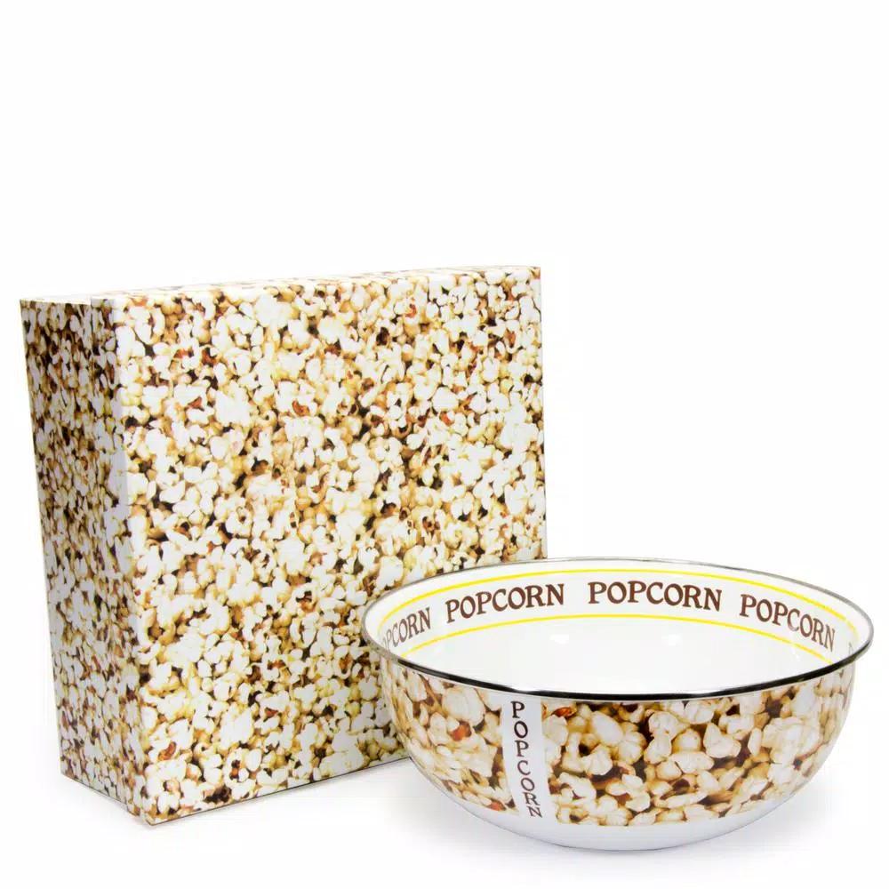 Golden Rabbit Popcorn Design Enamelware Popcorn Bowl, 4.5 Qt, White