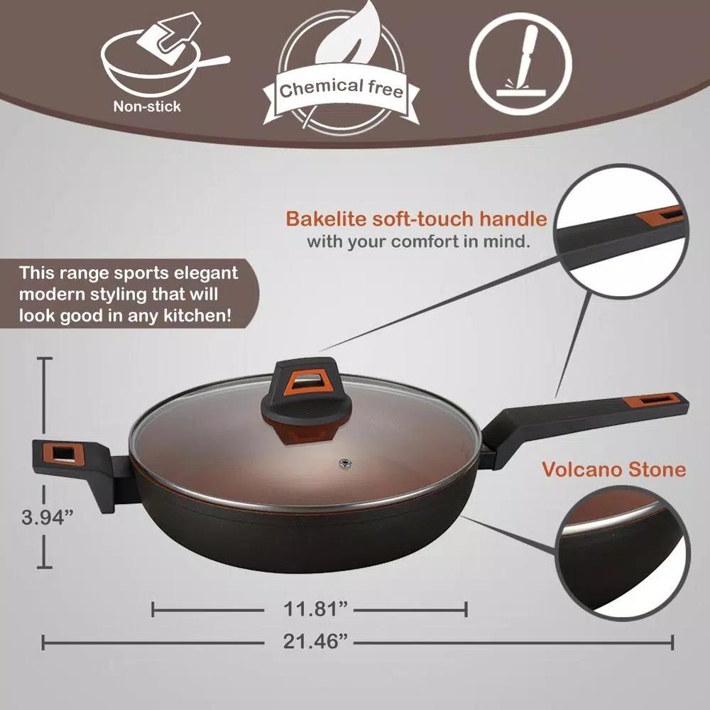 AMERCOOK 12 in. Volcano Stone Nonstick Wok Pan, Forged Aluminum, Induction Compatible