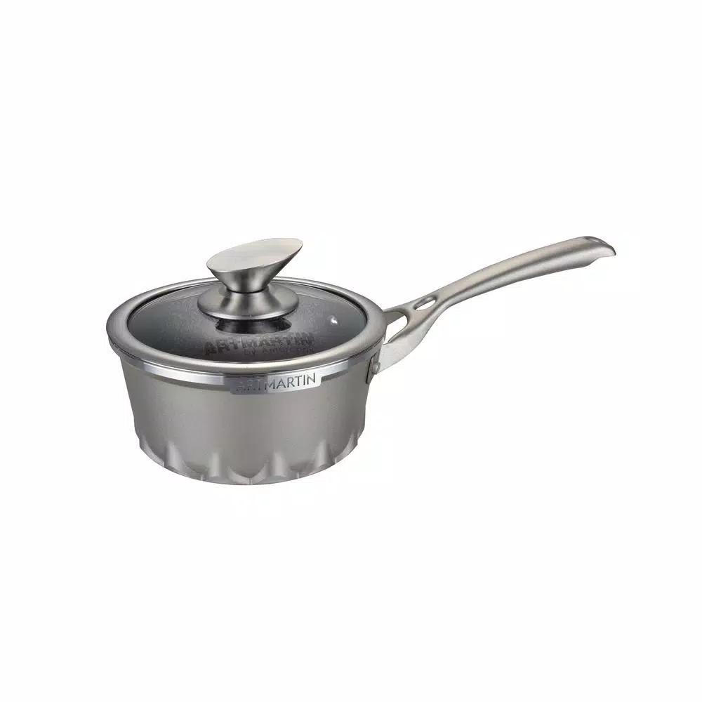 AMERCOOK Artmartin 1.5 qt. Cast Aluminum Ceramic Nonstick Saucepan with Glass Lid, Ash