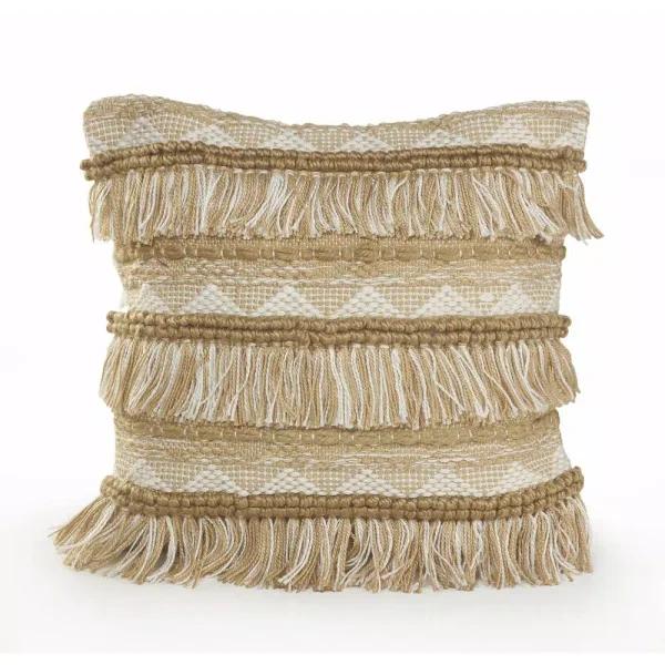 LR Home Beige and White Neutral Fringed Throw Pillow, 20 x 20 in., Geometric Embroidery