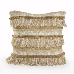 LR Home Beige and White Neutral Fringed Throw Pillow, 20 x 20 in., Geometric Embroidery thumbnail 1