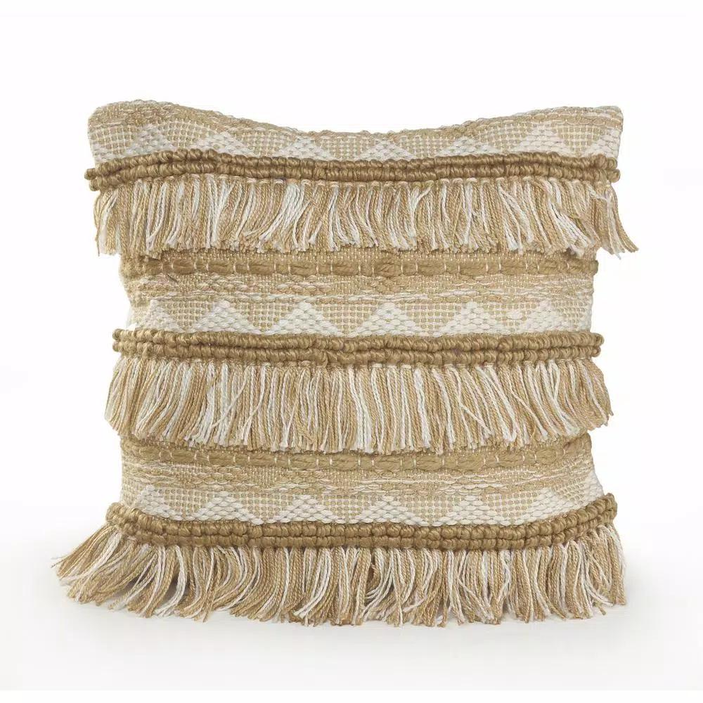 LR Home Beige and White Neutral Fringed Throw Pillow, 20 x 20 in., Geometric Embroidery