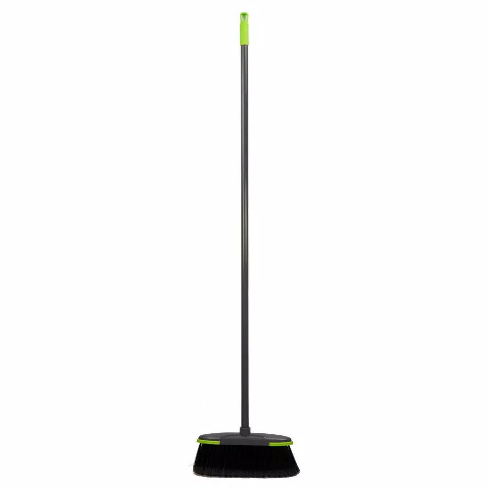 Home Basics Brilliant Collection 2.62 in. Plastic Upright Broom with Sloped Dustpan, Gray/Lime