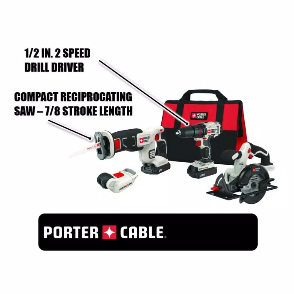 Porter-Cable 20V MAX Lithium-Ion Cordless 4-Tool Combo Kit with Drill, Circular Saw, Reciprocating Saw, and LED Work Light