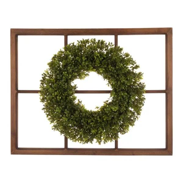 Glitzhome 18 in. Boxwood Wreath with 28 in. Wooden Window Frame Decor