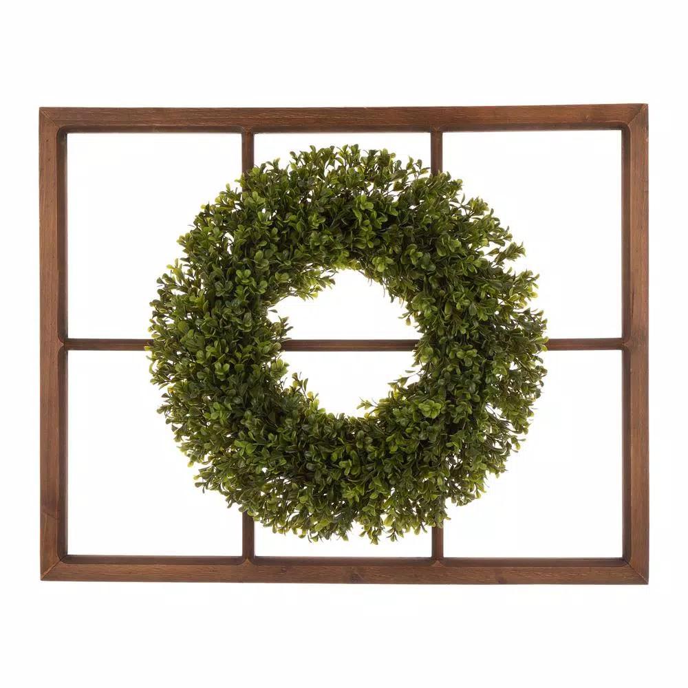 Glitzhome 18 in. Boxwood Wreath with 28 in. Wooden Window Frame Decor